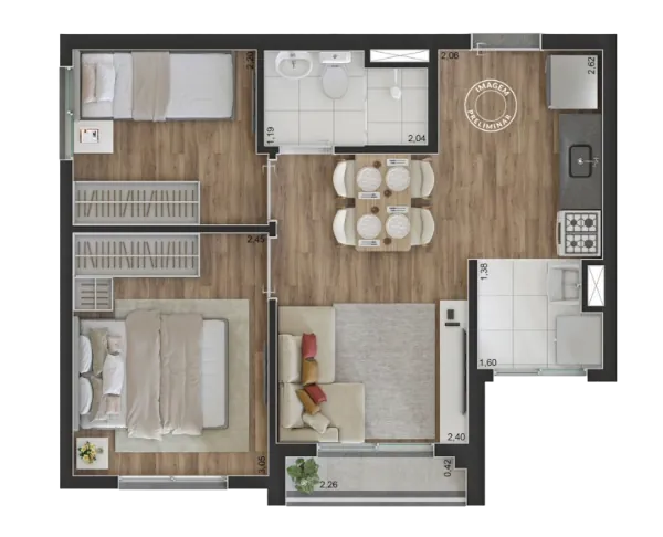 Planta de 38 metros quadrados 2 dormitórios