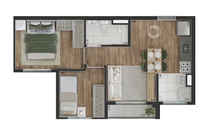 Planta de 37 metros quadrados opção 1 dormitório ampliado