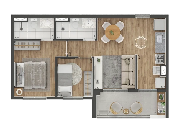 Planta de 49 metros quadrados 1 dormitórios