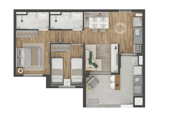 Planta de 56 metros quadrados 1 dormitórios