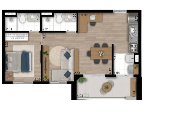 Planta de 49 metros quadrados 1 dormitórios