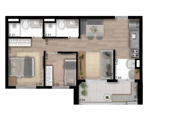 Planta de 49 metros quadrados 2 dormitórios