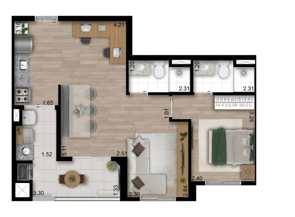 Planta de 56 metros quadrados 1 dormitórios