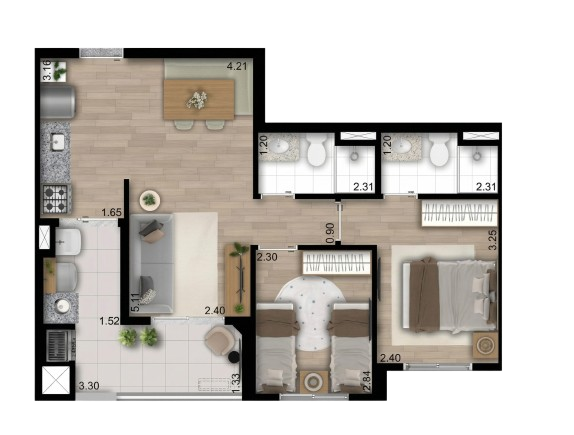 Planta de 56 metros quadrados 2 dormitórios