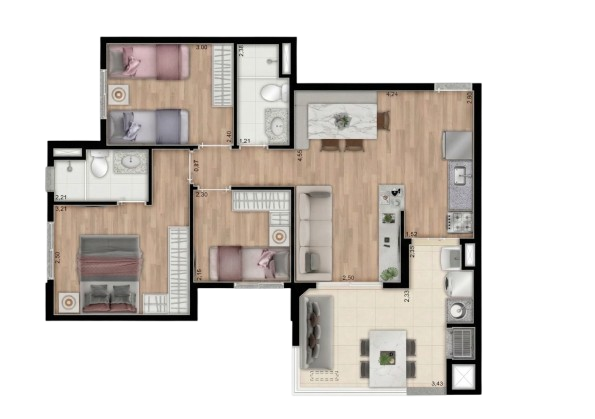 Planta de 66 metros quadrados 3 dormitórios