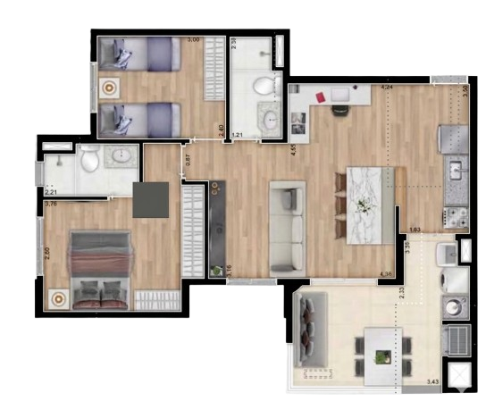 Planta de 66 metros quadrados 2 dormitórios