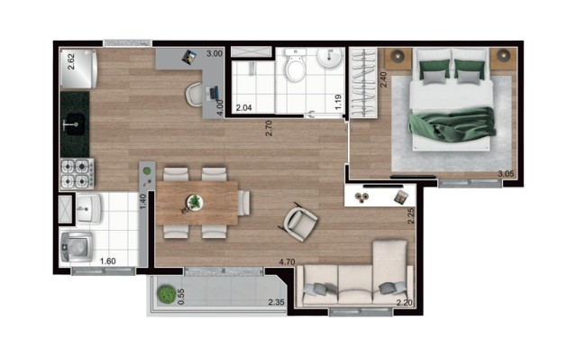 Planta de 37 metros quadrados opção 1 dormitório ampliado