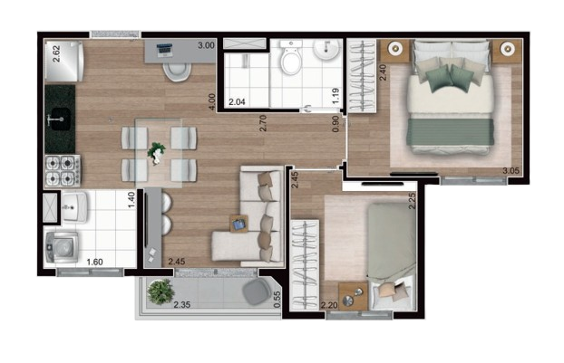 Planta de 37 metros quadrados 2 dormitórios