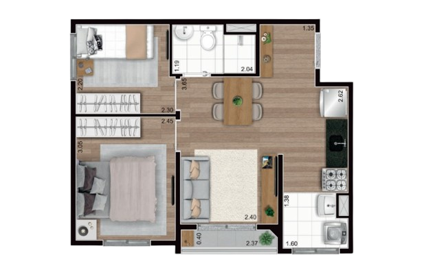 Planta de 38 metros quadrados 2 dormitórios